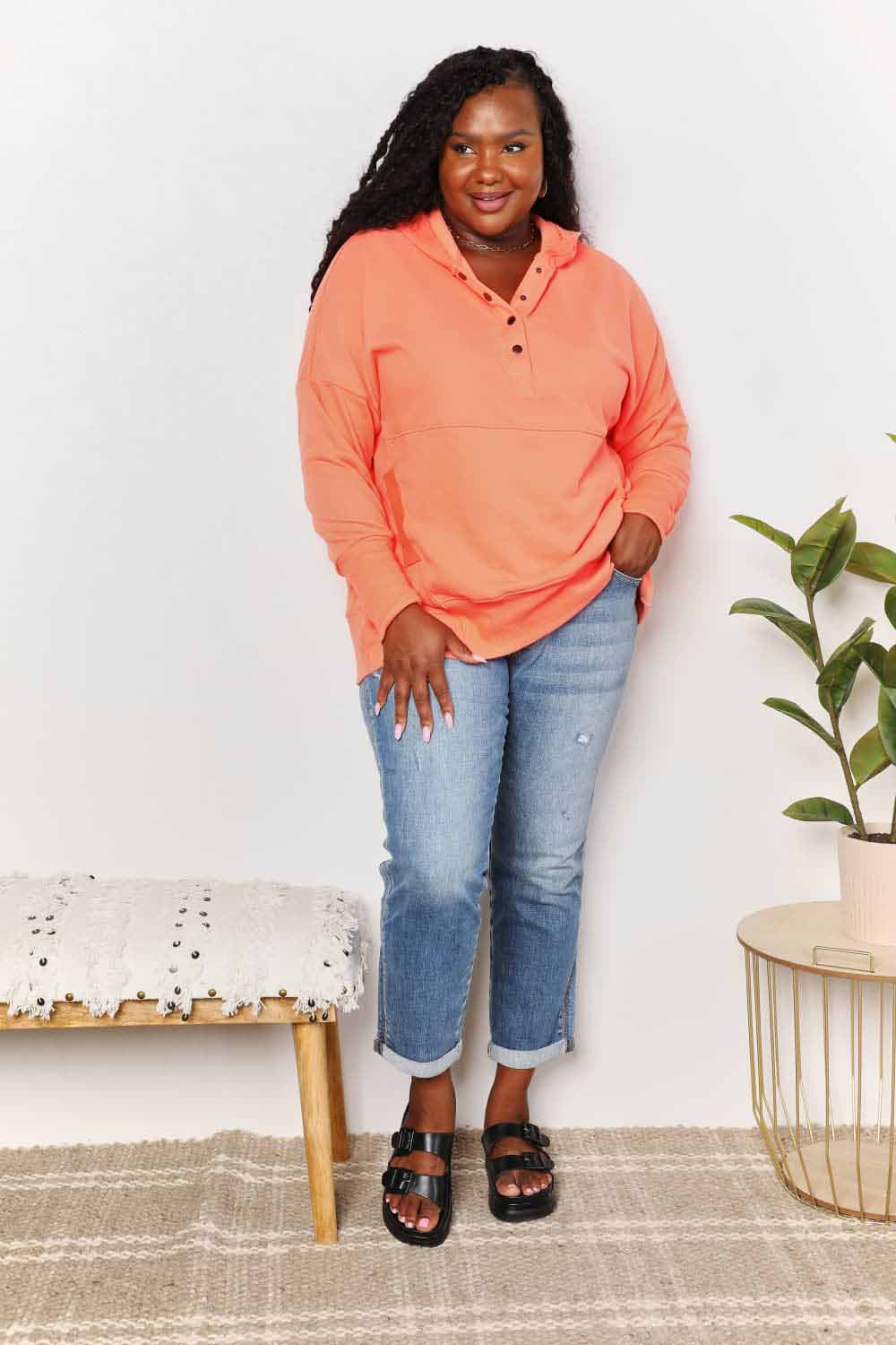 Double Take Quarter - Snap Dropped Shoulder Hoodie - PBNJ FASHIONS