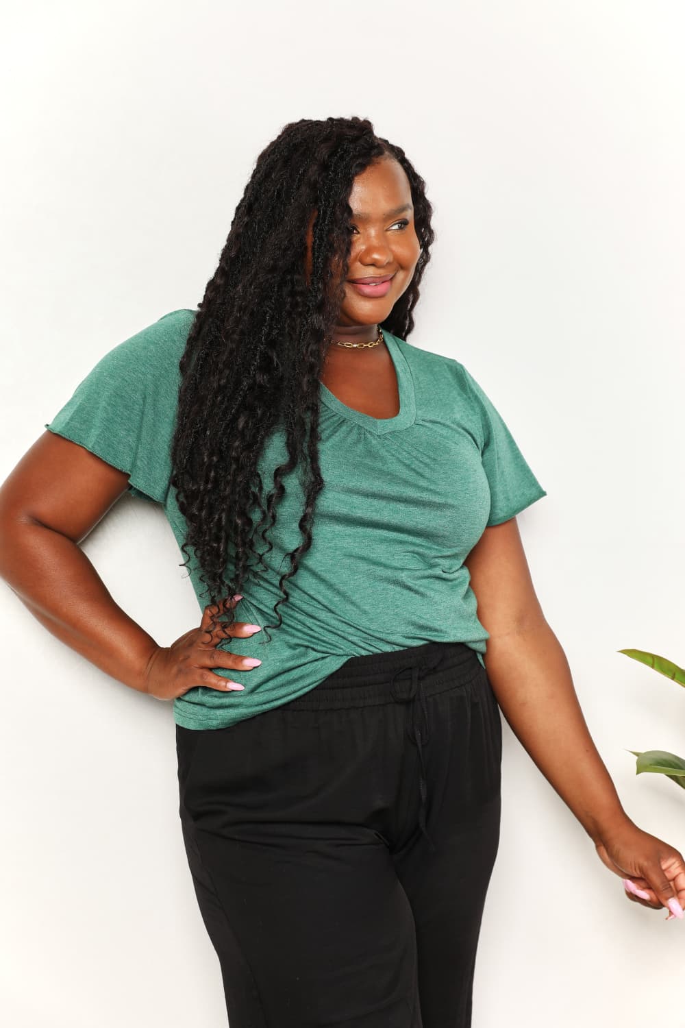 Double Take Ruched V - Neck Short Sleeve T-Shirt - PBNJ FASHIONS