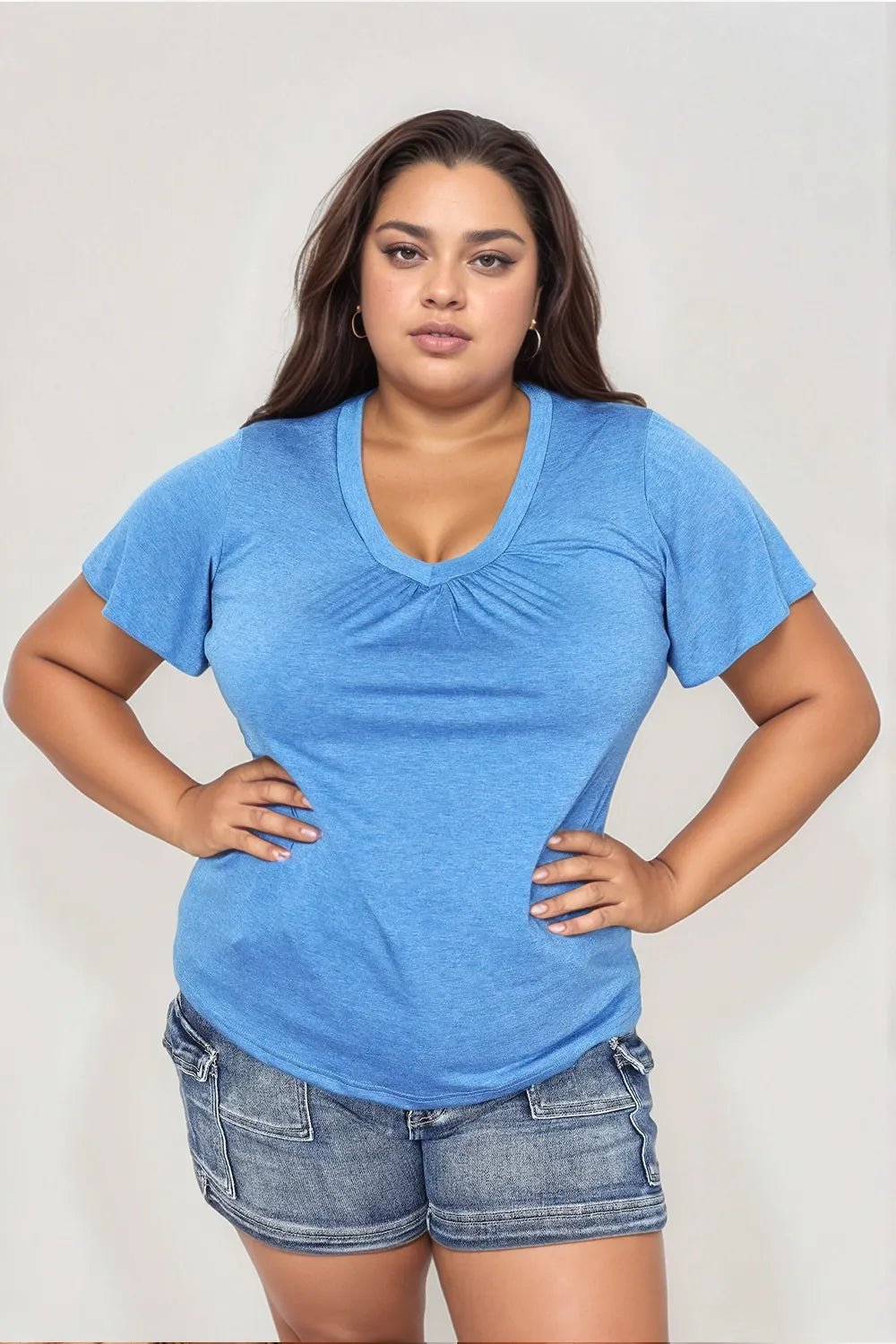 Double Take Ruched V - Neck Short Sleeve T-Shirt - PBNJ FASHIONS