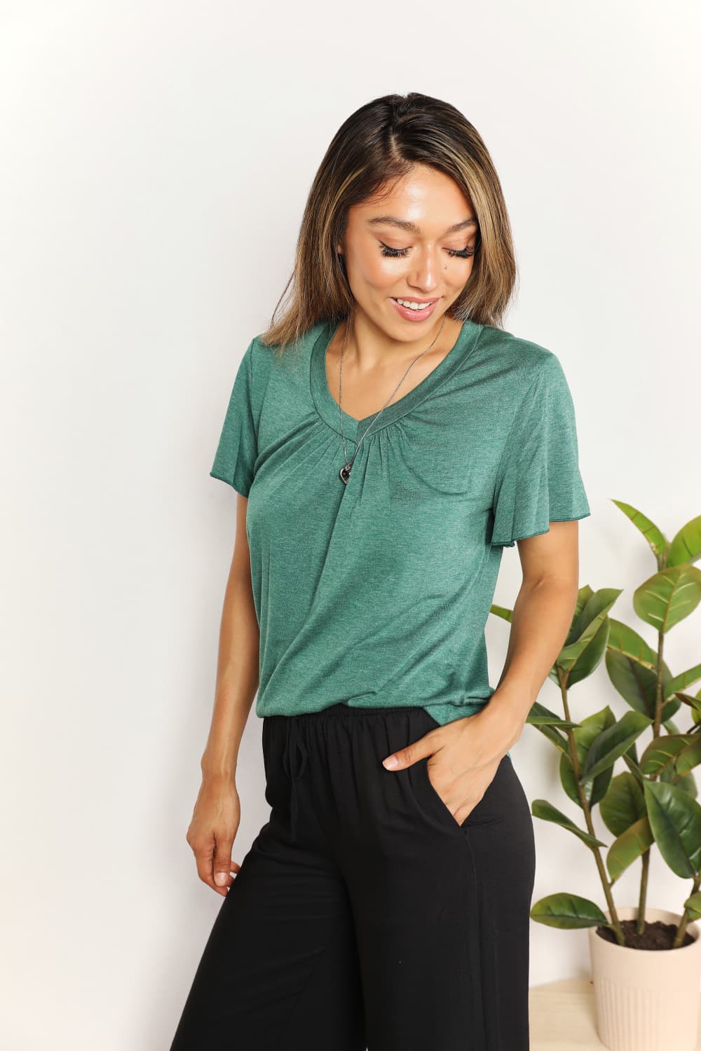 Double Take Ruched V - Neck Short Sleeve T-Shirt - PBNJ FASHIONS