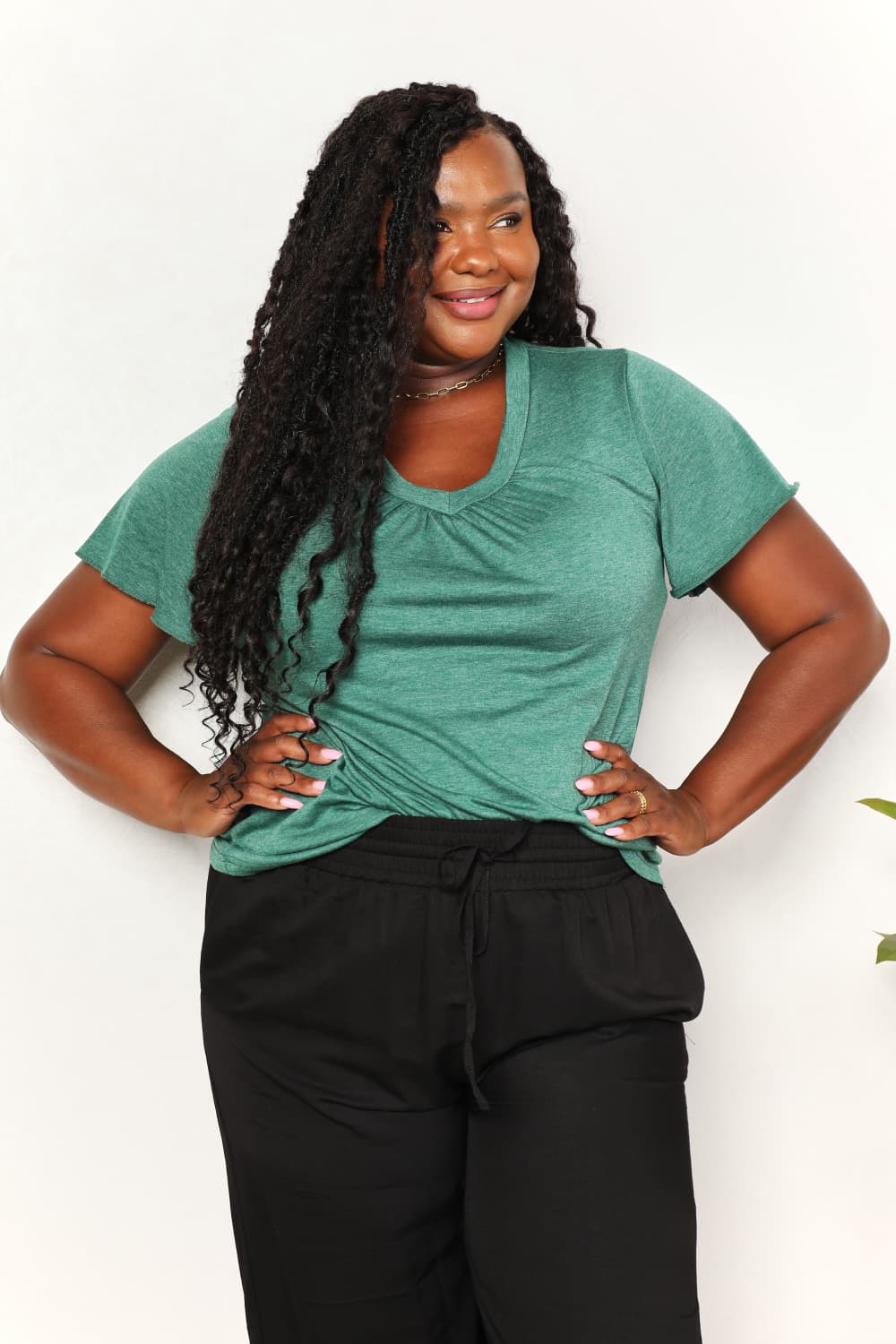 Double Take Ruched V - Neck Short Sleeve T-Shirt - PBNJ FASHIONS