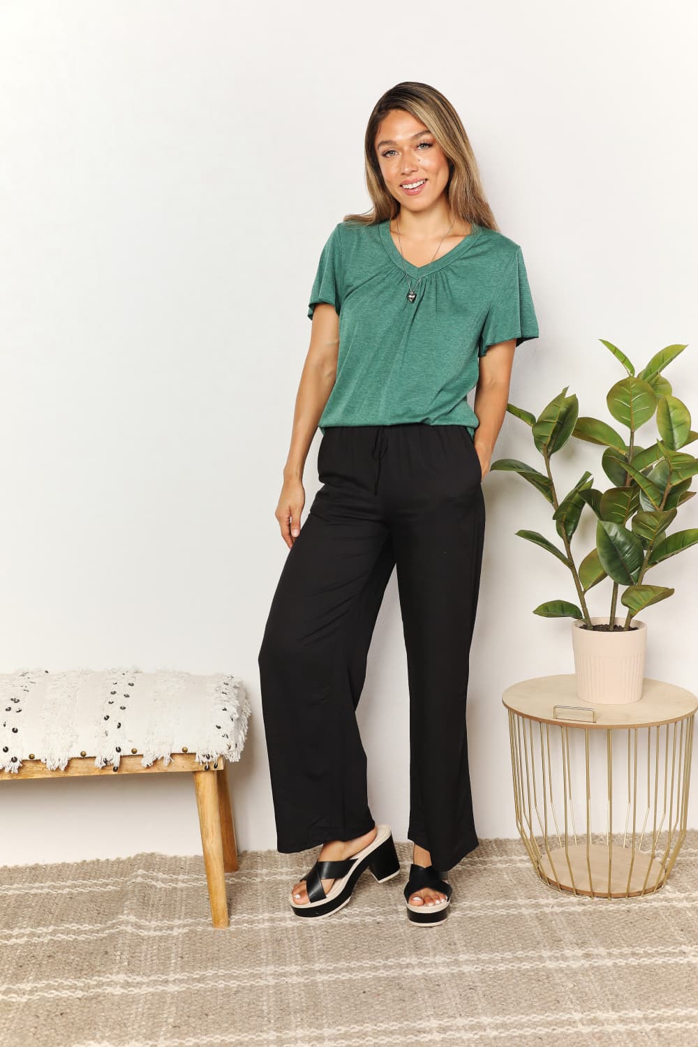 Double Take Ruched V - Neck Short Sleeve T-Shirt - PBNJ FASHIONS