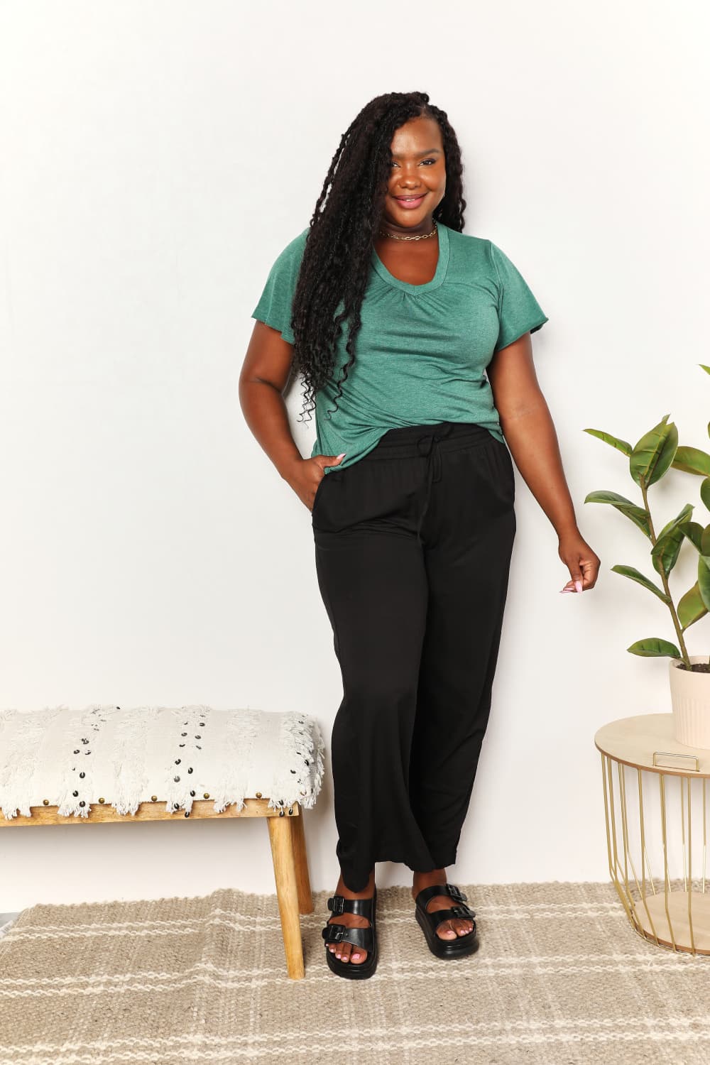 Double Take Ruched V - Neck Short Sleeve T-Shirt - PBNJ FASHIONS