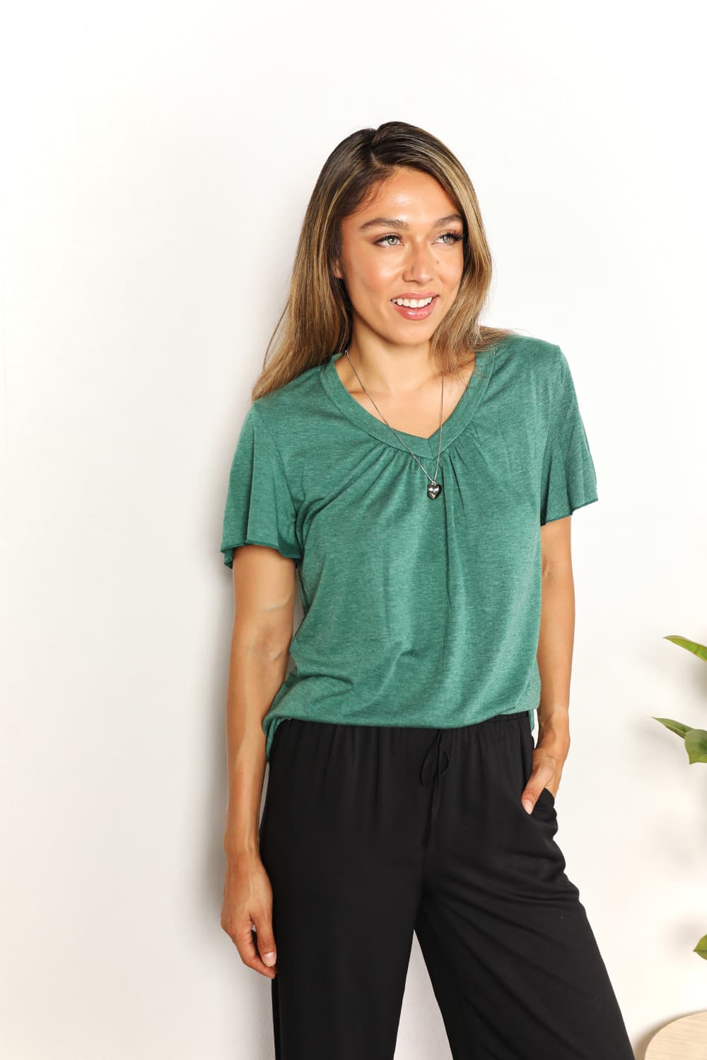 Double Take Ruched V - Neck Short Sleeve T-Shirt - PBNJ FASHIONS