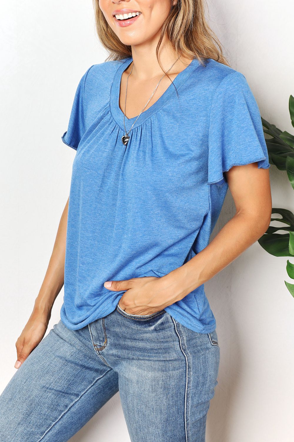 Double Take Ruched V - Neck Short Sleeve T-Shirt - PBNJ FASHIONS