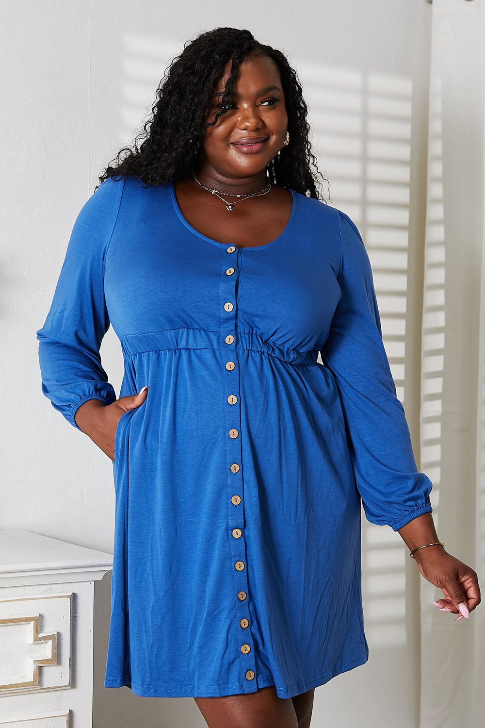 Double Take Scoop Neck Empire Waist Long Sleeve Magic Dress - PBNJ FASHIONS