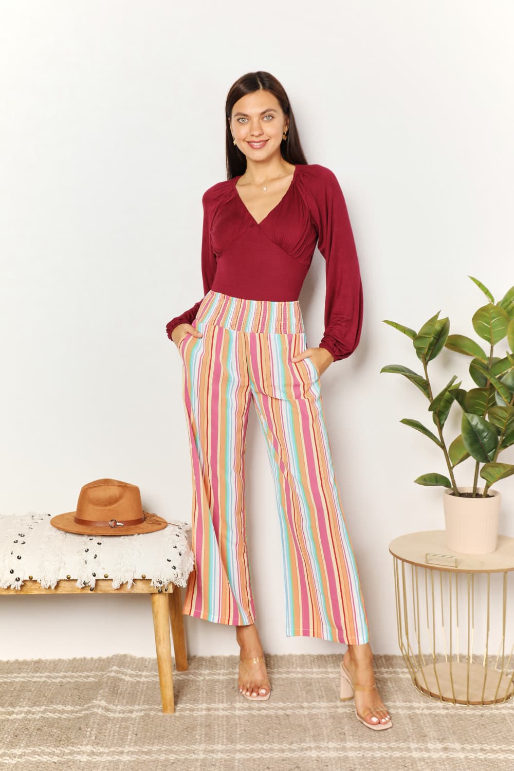 Double Take Striped Smocked Waist Pants with Pockets - PBNJ FASHIONS