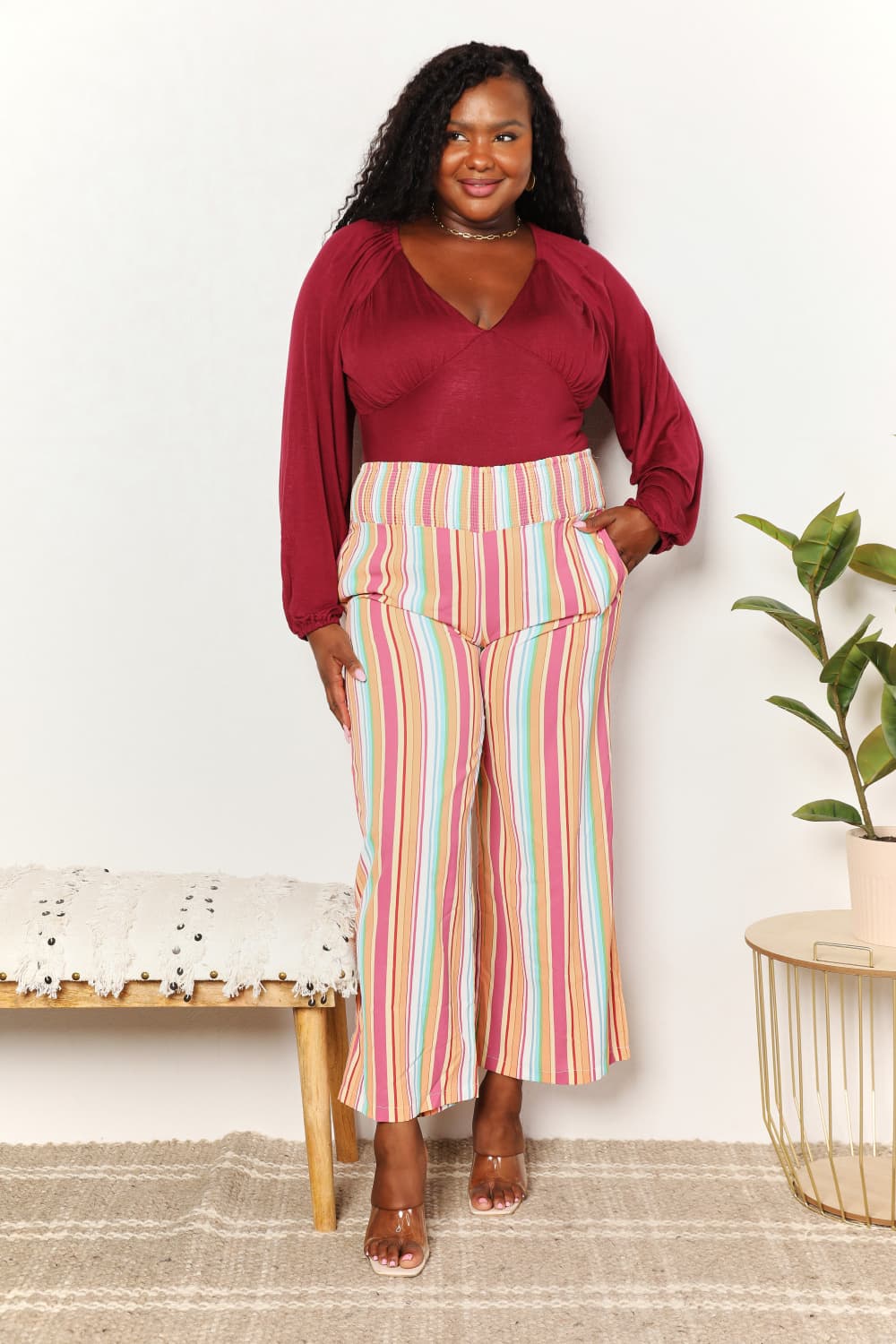 Double Take Striped Smocked Waist Pants with Pockets - PBNJ FASHIONS