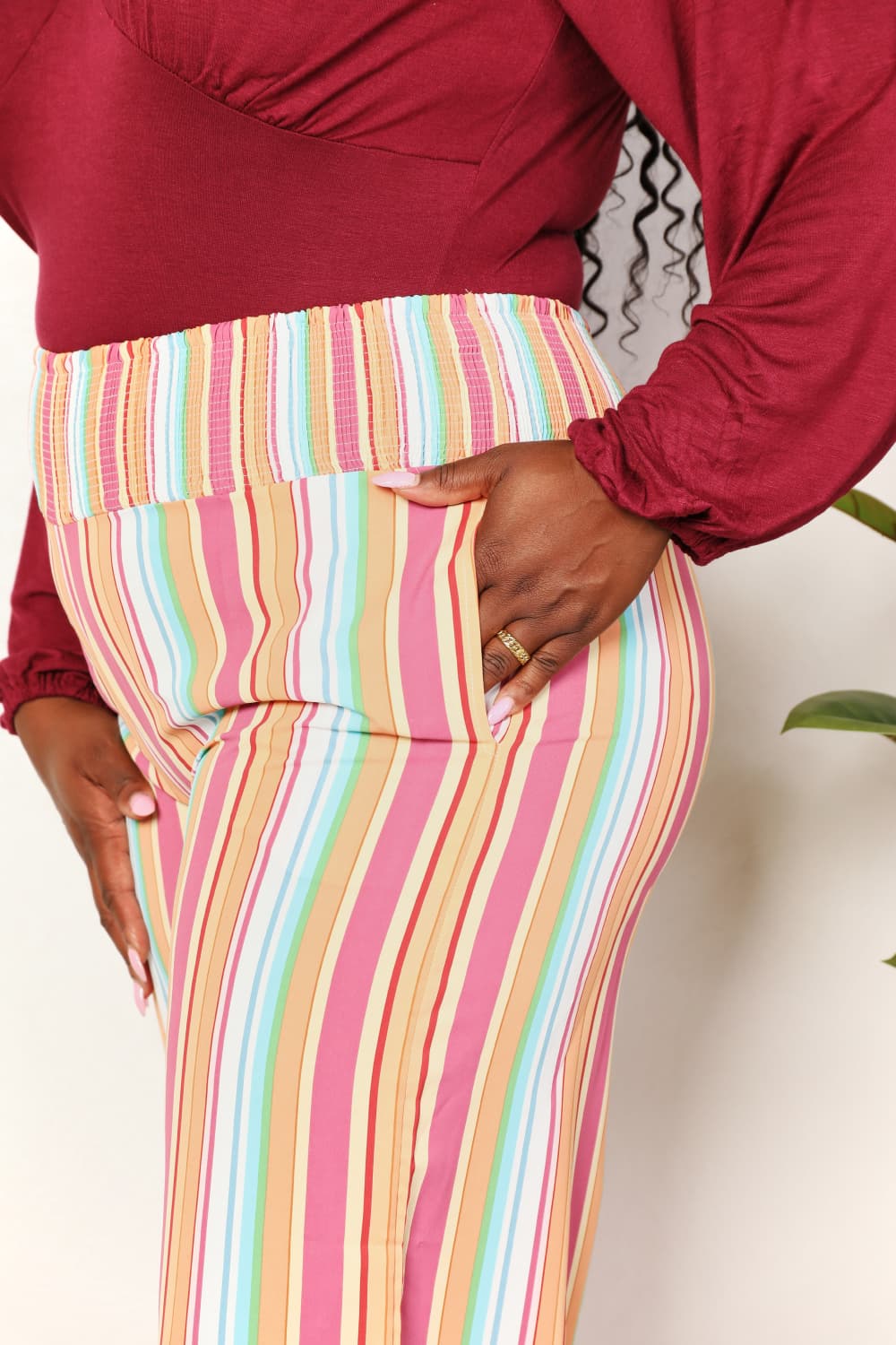 Double Take Striped Smocked Waist Pants with Pockets - PBNJ FASHIONS