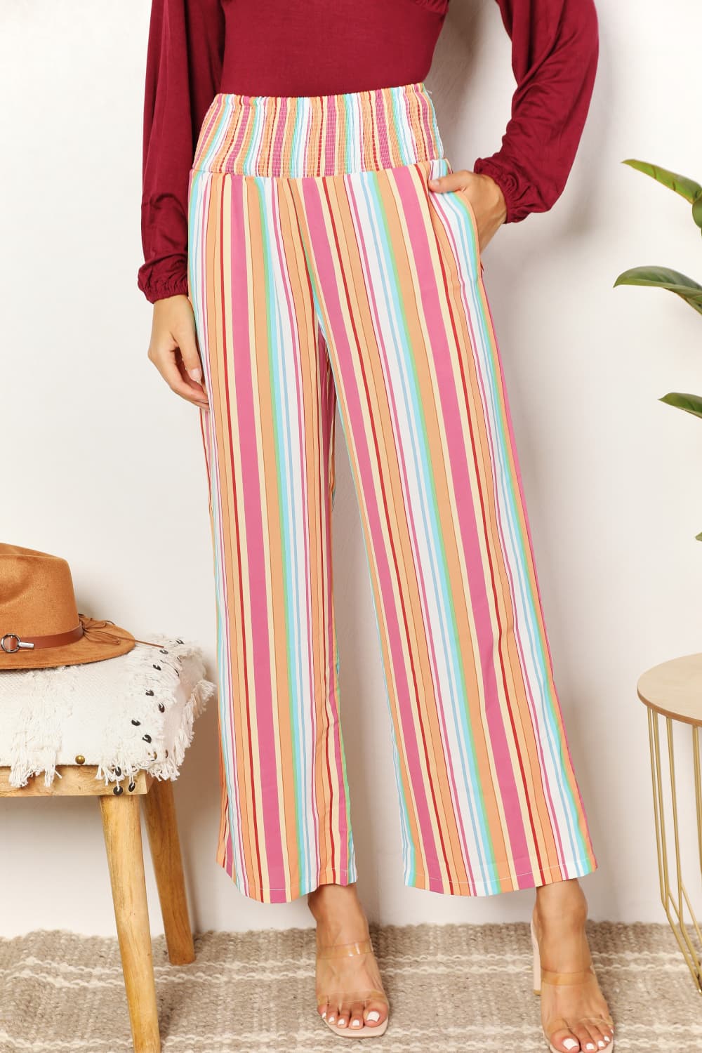 Double Take Striped Smocked Waist Pants with Pockets - PBNJ FASHIONS