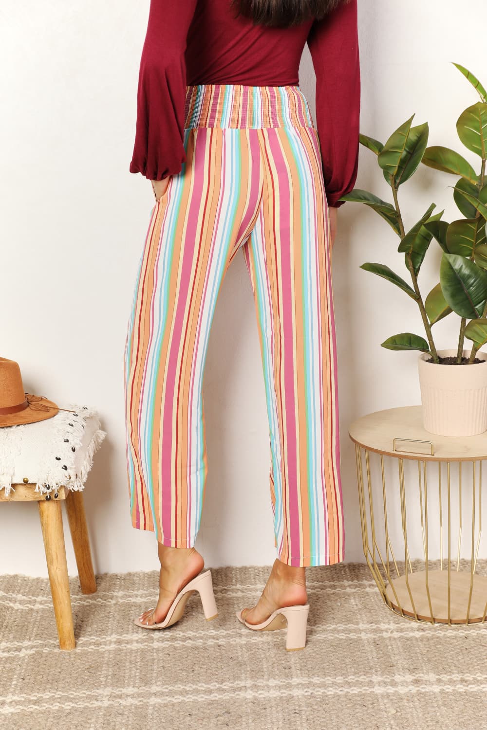 Double Take Striped Smocked Waist Pants with Pockets - PBNJ FASHIONS