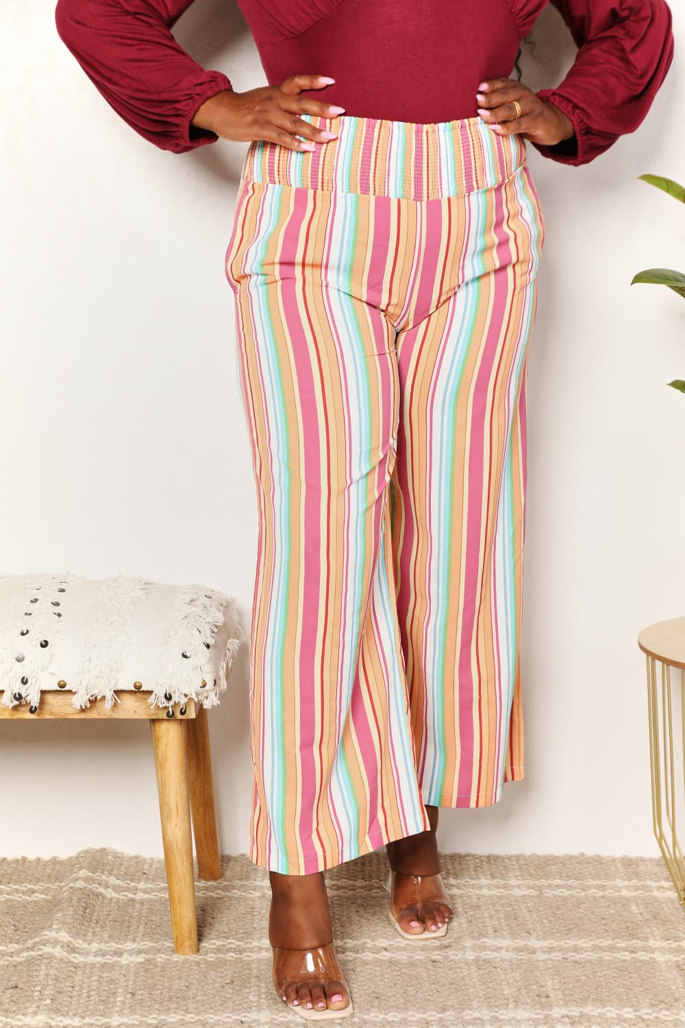 Double Take Striped Smocked Waist Pants with Pockets - PBNJ FASHIONS