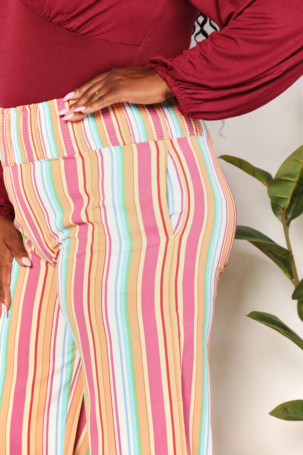 Double Take Striped Smocked Waist Pants with Pockets - PBNJ FASHIONS