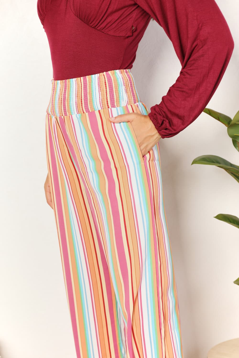 Double Take Striped Smocked Waist Pants with Pockets - PBNJ FASHIONS
