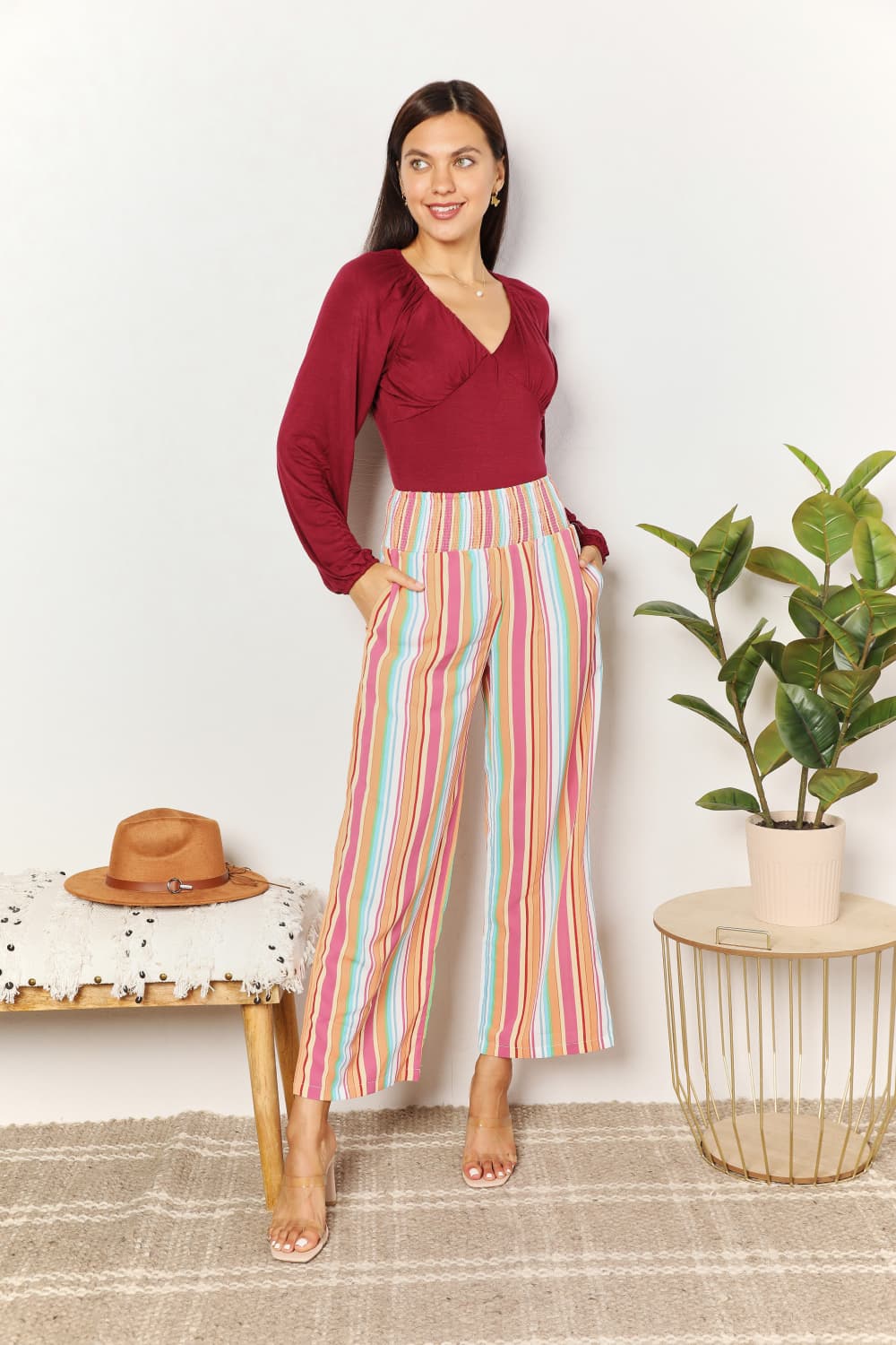 Double Take Striped Smocked Waist Pants with Pockets - PBNJ FASHIONS