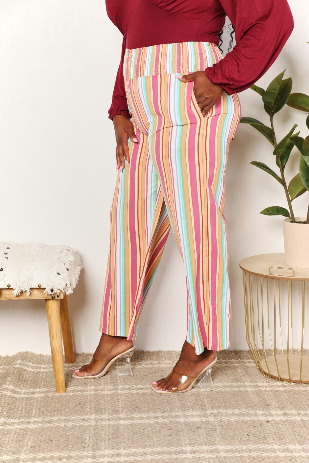 Double Take Striped Smocked Waist Pants with Pockets - PBNJ FASHIONS