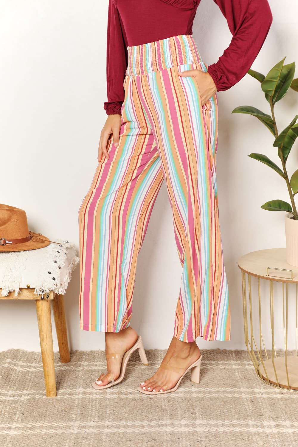 Double Take Striped Smocked Waist Pants with Pockets - PBNJ FASHIONS