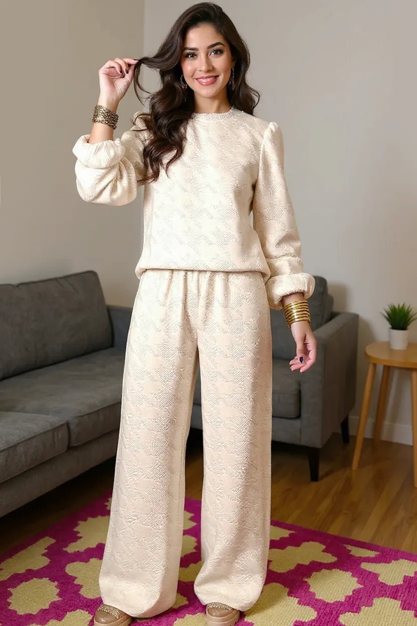 Double Take Texture Long Sleeve Top and Wide Leg Pants Set - PBNJ FASHIONS