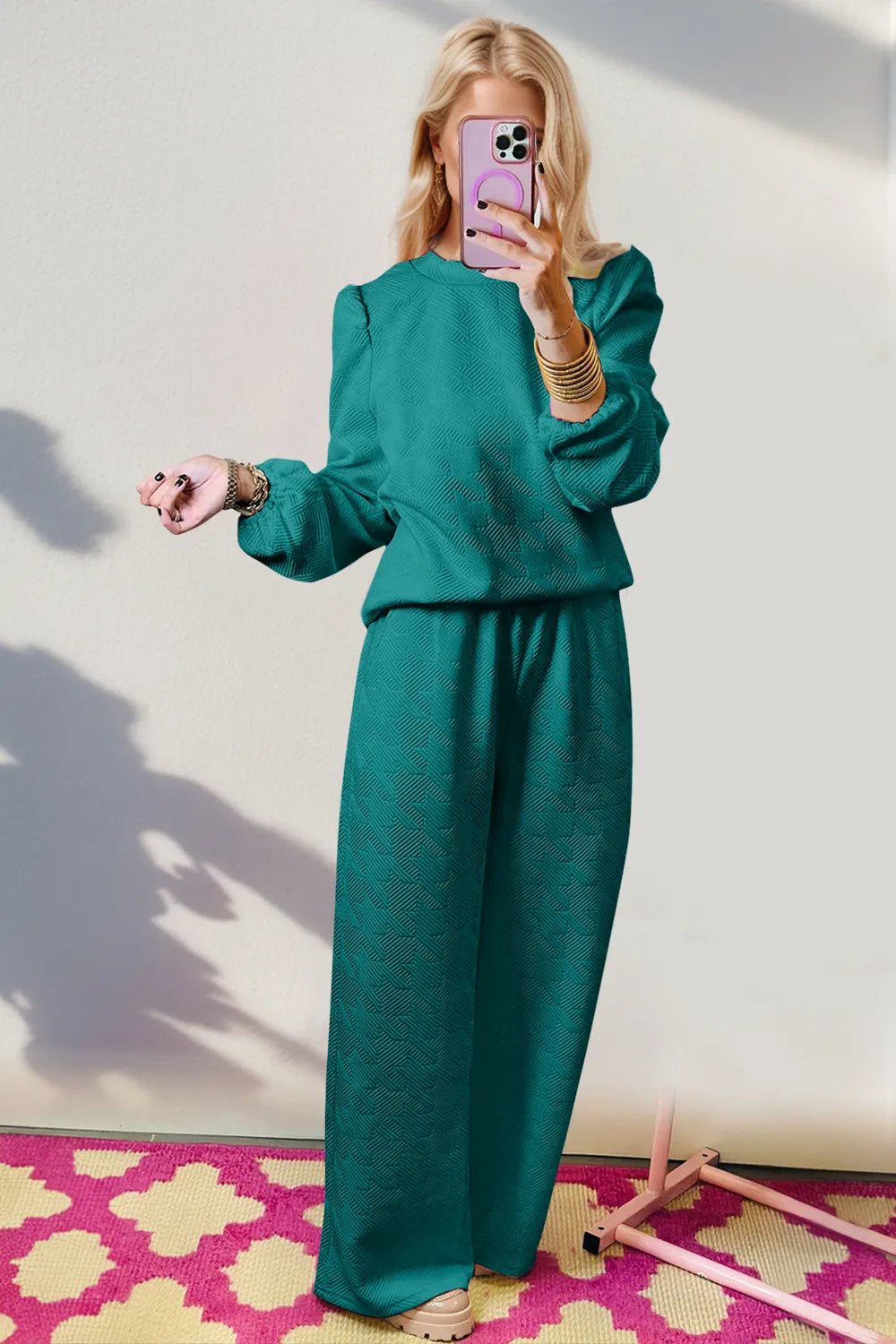 Double Take Texture Long Sleeve Top and Wide Leg Pants Set - PBNJ FASHIONS