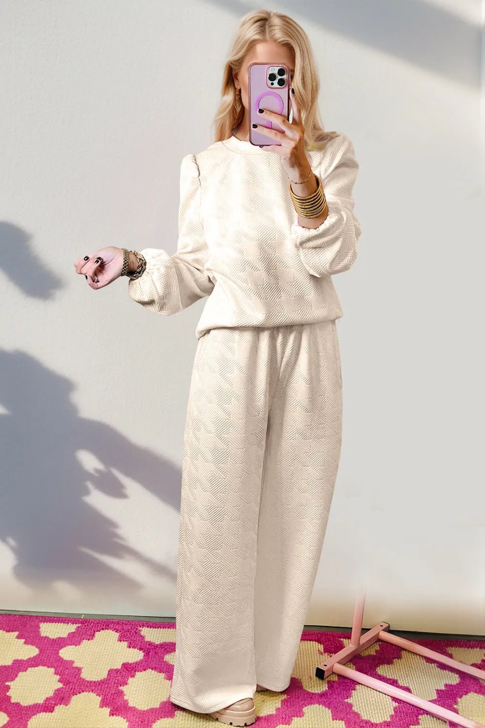 Double Take Texture Long Sleeve Top and Wide Leg Pants Set - PBNJ FASHIONS