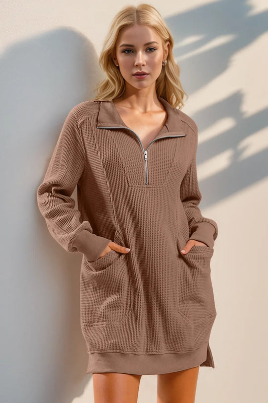 Double Take Waffle Long Sleeve Mini Dress with Pockets - PBNJ FASHIONS