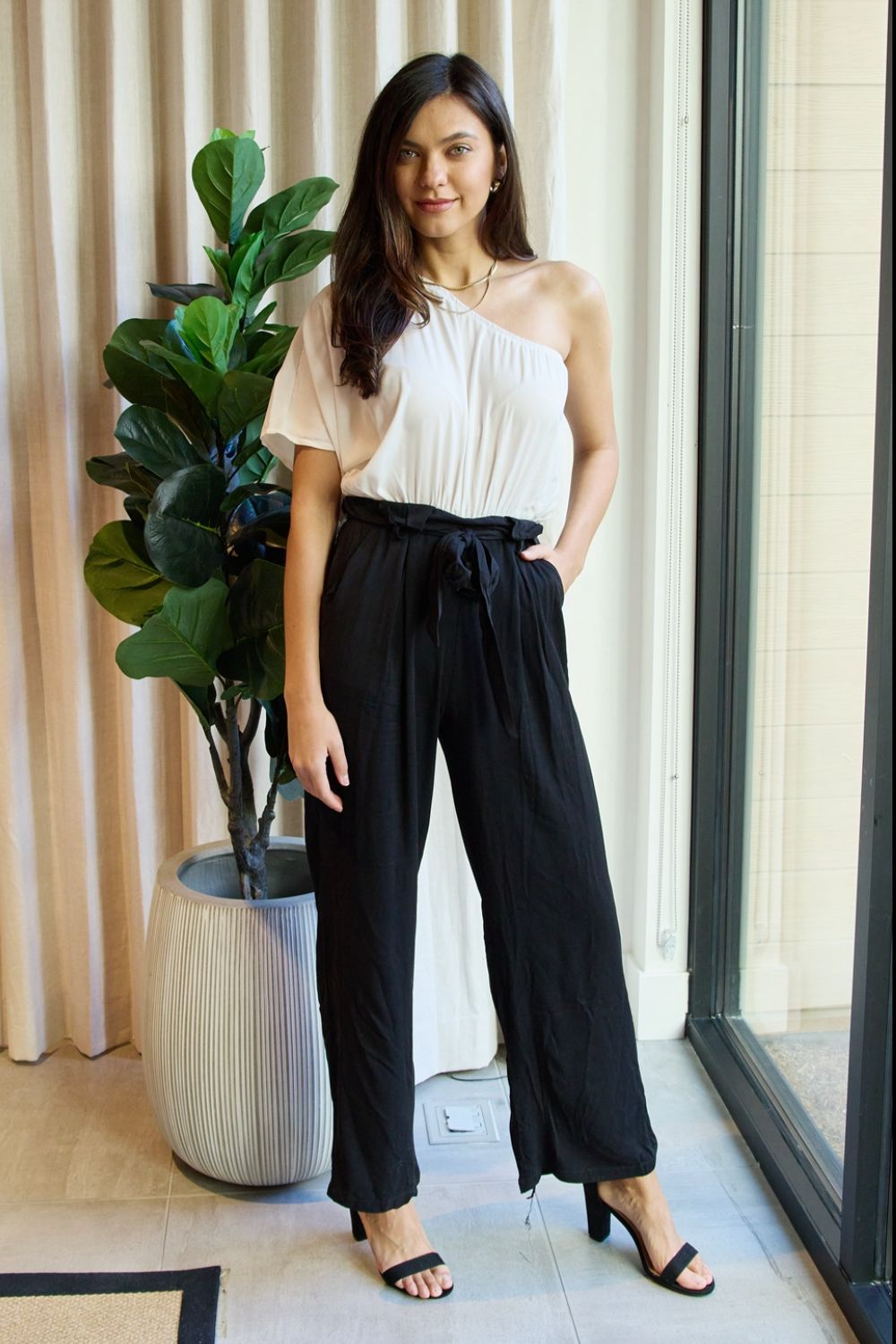 Dress Day Marvelous in Manhattan One - Shoulder Jumpsuit in White/Black - PBNJ FASHIONS