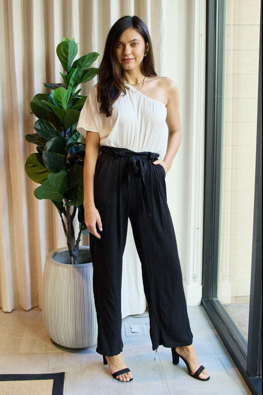 Dress Day Marvelous in Manhattan One - Shoulder Jumpsuit in White/Black - PBNJ FASHIONS