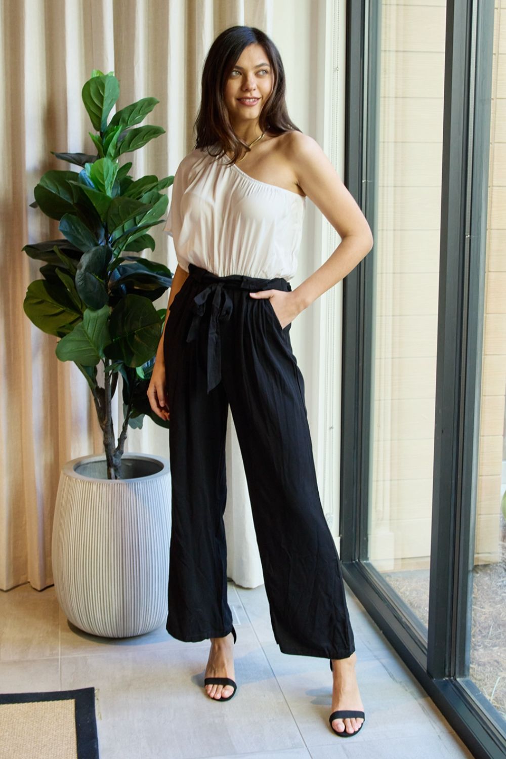 Dress Day Marvelous in Manhattan One - Shoulder Jumpsuit in White/Black - PBNJ FASHIONS