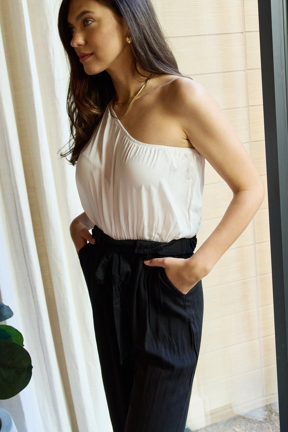 Dress Day Marvelous in Manhattan One - Shoulder Jumpsuit in White/Black - PBNJ FASHIONS