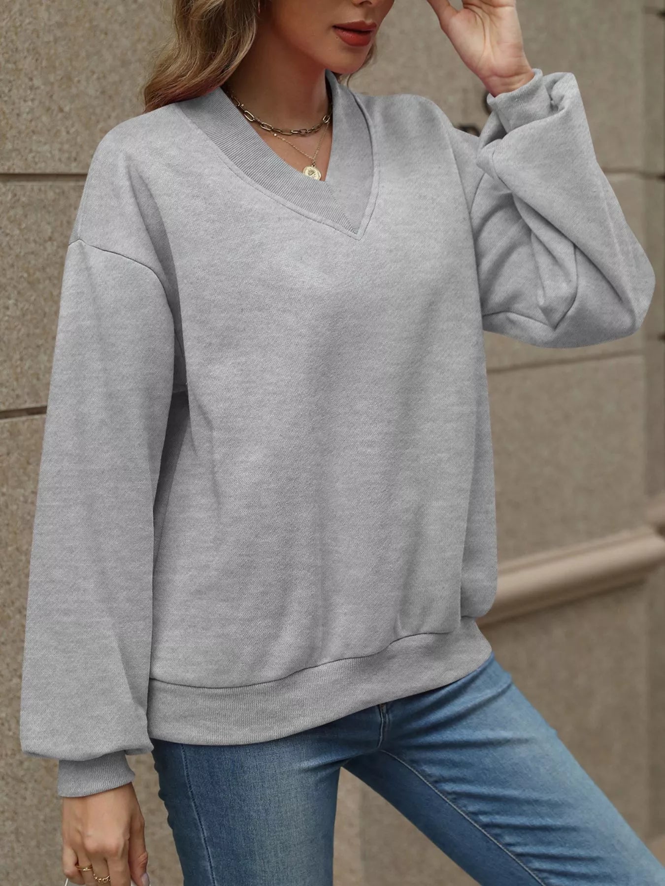 V - Neck Solid Color Casual Sweatshirt - PBNJ FASHIONS