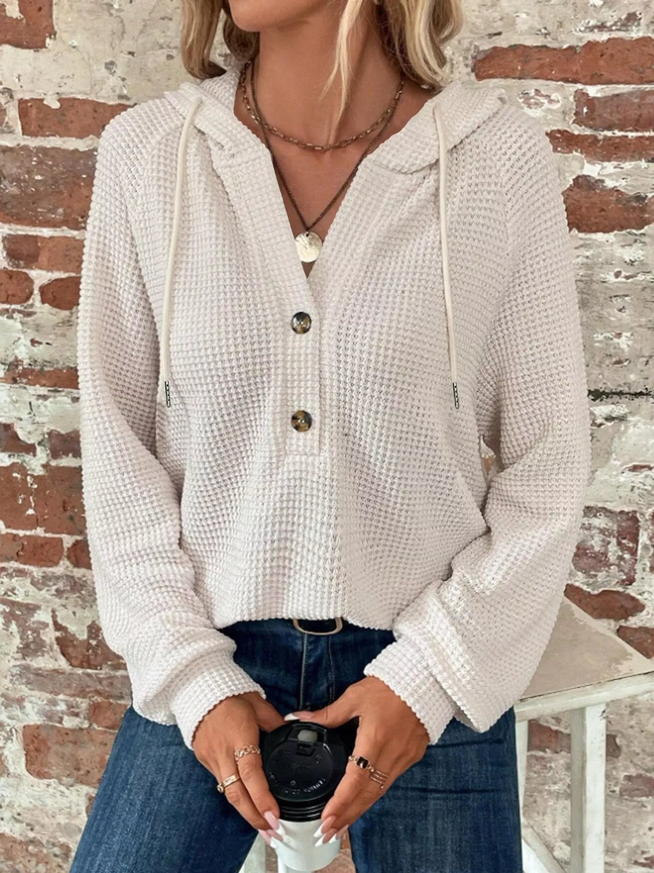 Waffle Knit Button Detail Hoodie - PBNJ FASHIONS