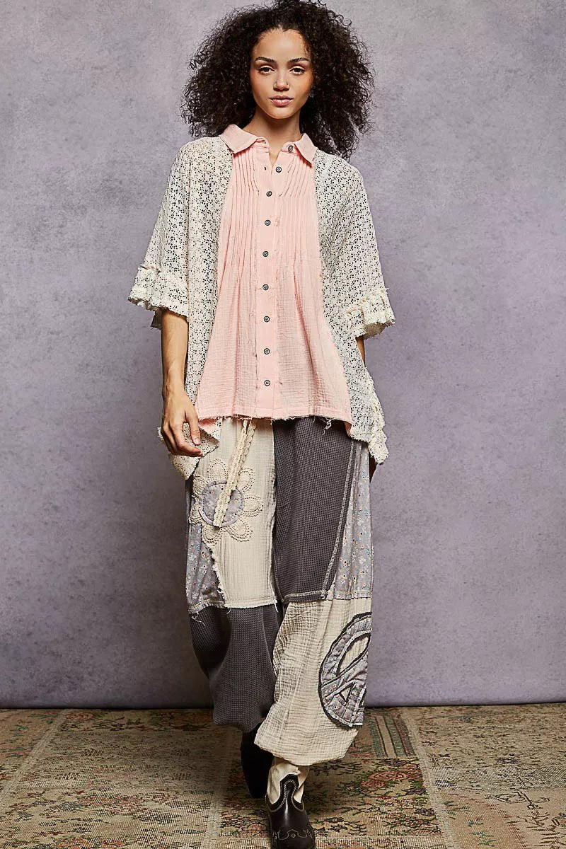 POL Button Down Front Pleated Shirt with Crochet Patch - PBNJ FASHIONS