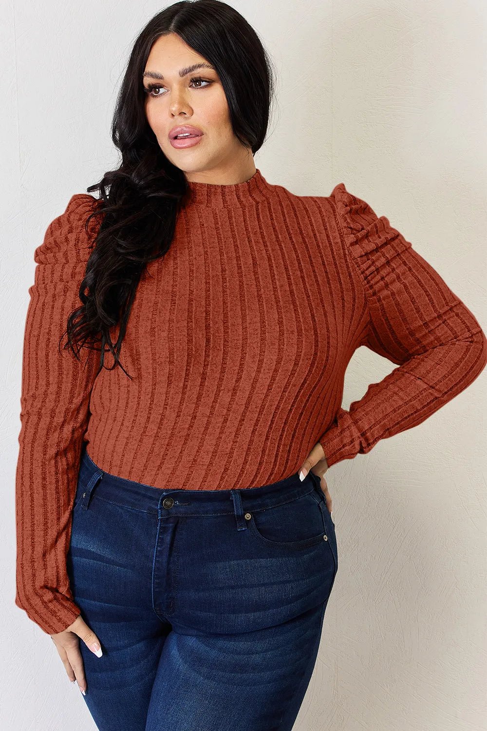 Basic Bae Full Size Ribbed Mock Neck Puff Sleeve T-Shirt - PBNJ FASHIONS
