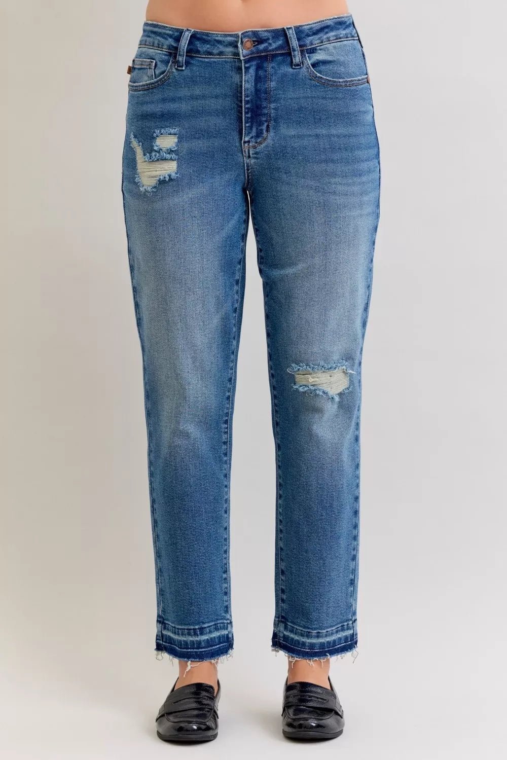 Judy Blue Full Size Mid Rise Bf Patch & Repair Destroy Release Hem Jeans Plus Size - PBNJ FASHIONS