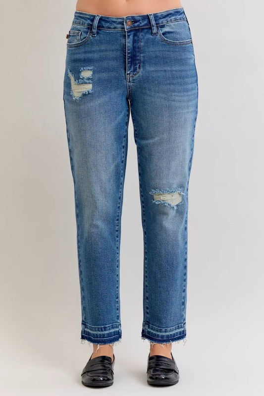 Judy Blue Full Size Mid Rise Bf Patch & Repair Destroy Release Hem Jeans Plus Size - PBNJ FASHIONS