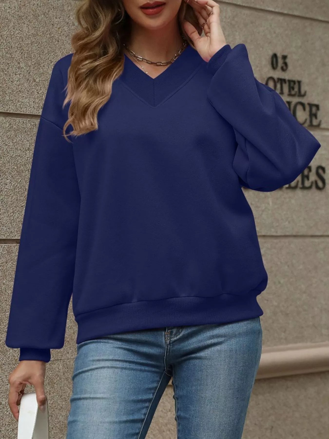 V - Neck Solid Color Casual Sweatshirt - PBNJ FASHIONS