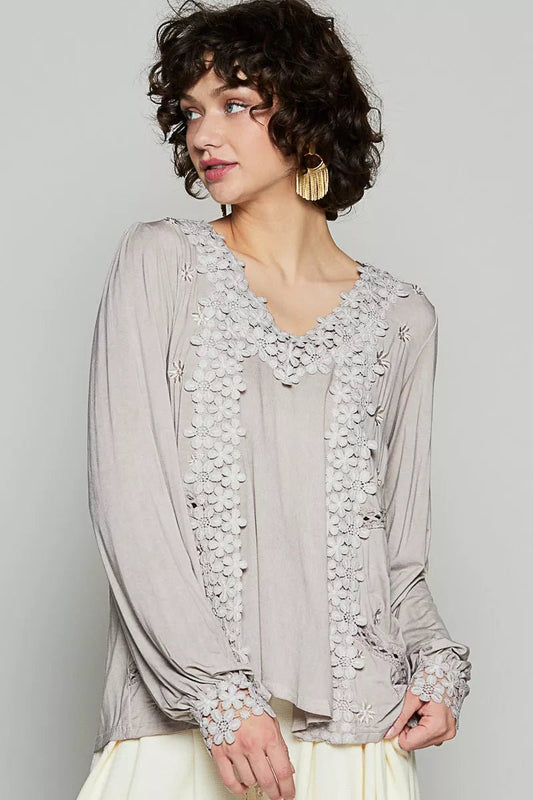 POL Floral Embroidery Woven Top with Lace Trim - PBNJ FASHIONS
