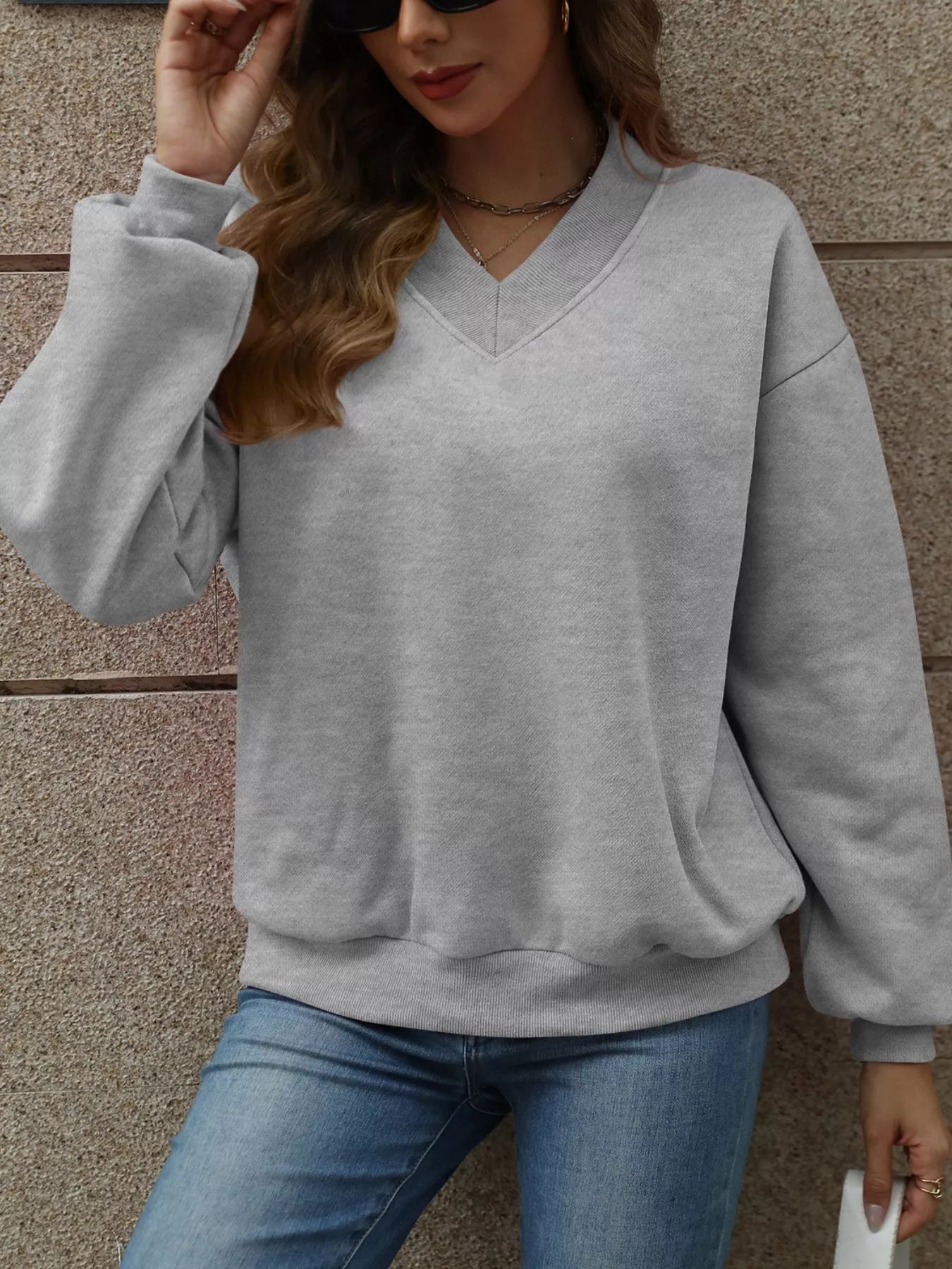 V - Neck Solid Color Casual Sweatshirt - PBNJ FASHIONS