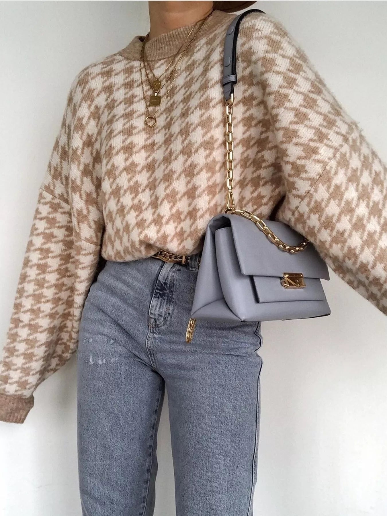 Full Size Houndstooth Pattern Oversized Sweater Plus Size - PBNJ FASHIONS