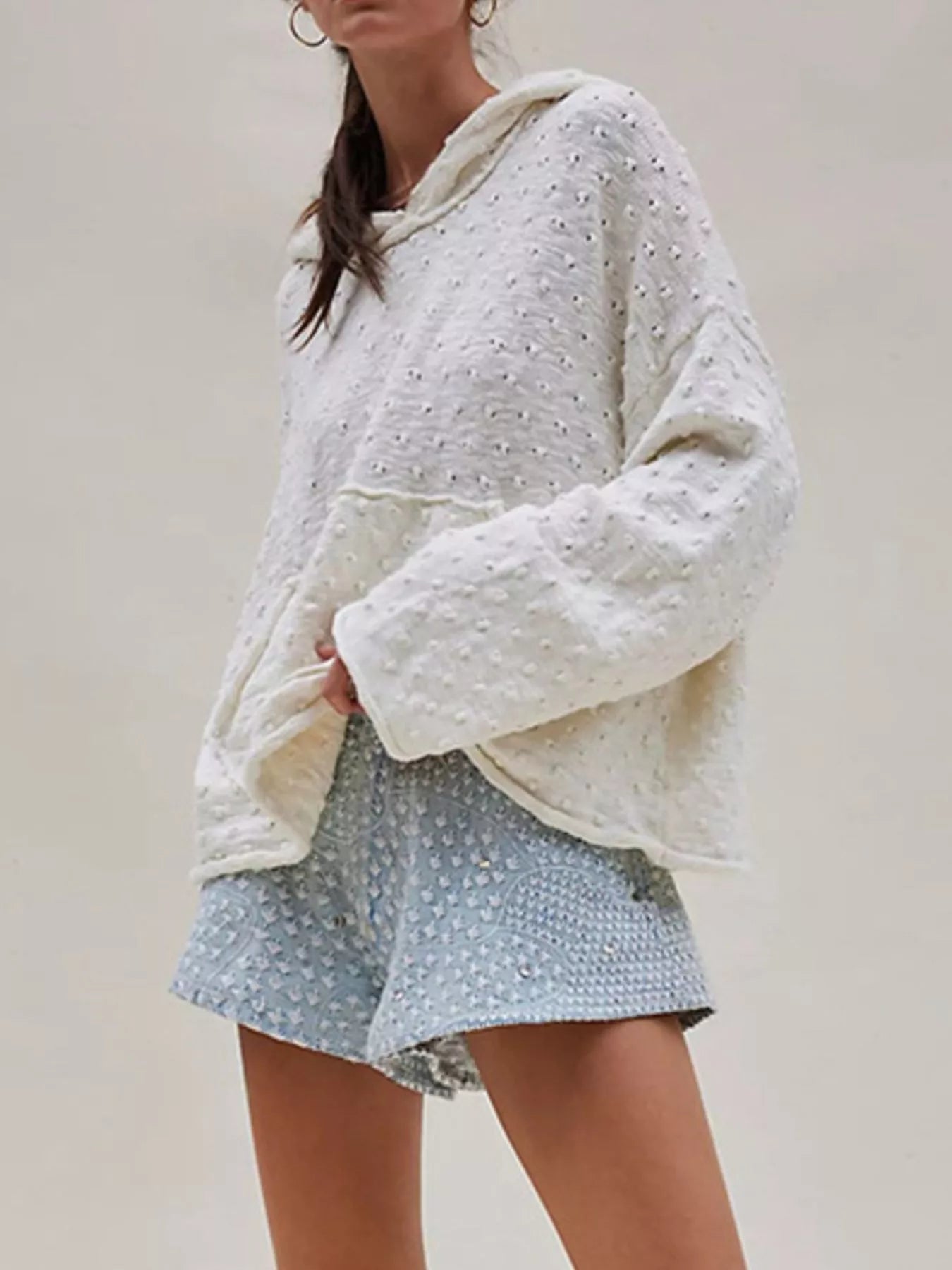 Textured Dot Knit Long Sleeve Hooded Sweater - PBNJ FASHIONS
