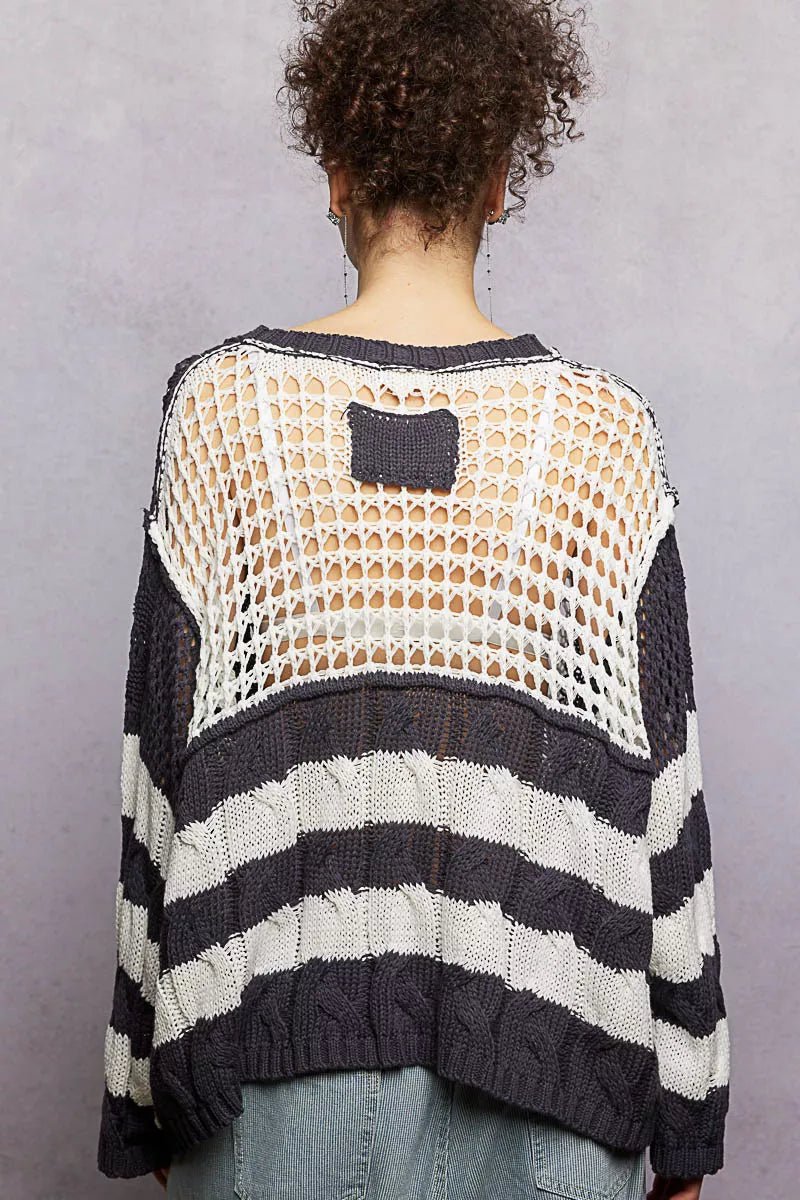 POL Color - Blocked Stripe Pattern Knit Top with Twisted Weave - PBNJ FASHIONS