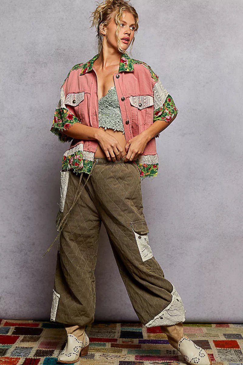 POL Lace Patch Floral Half Sleeve Shacket - PBNJ FASHIONS