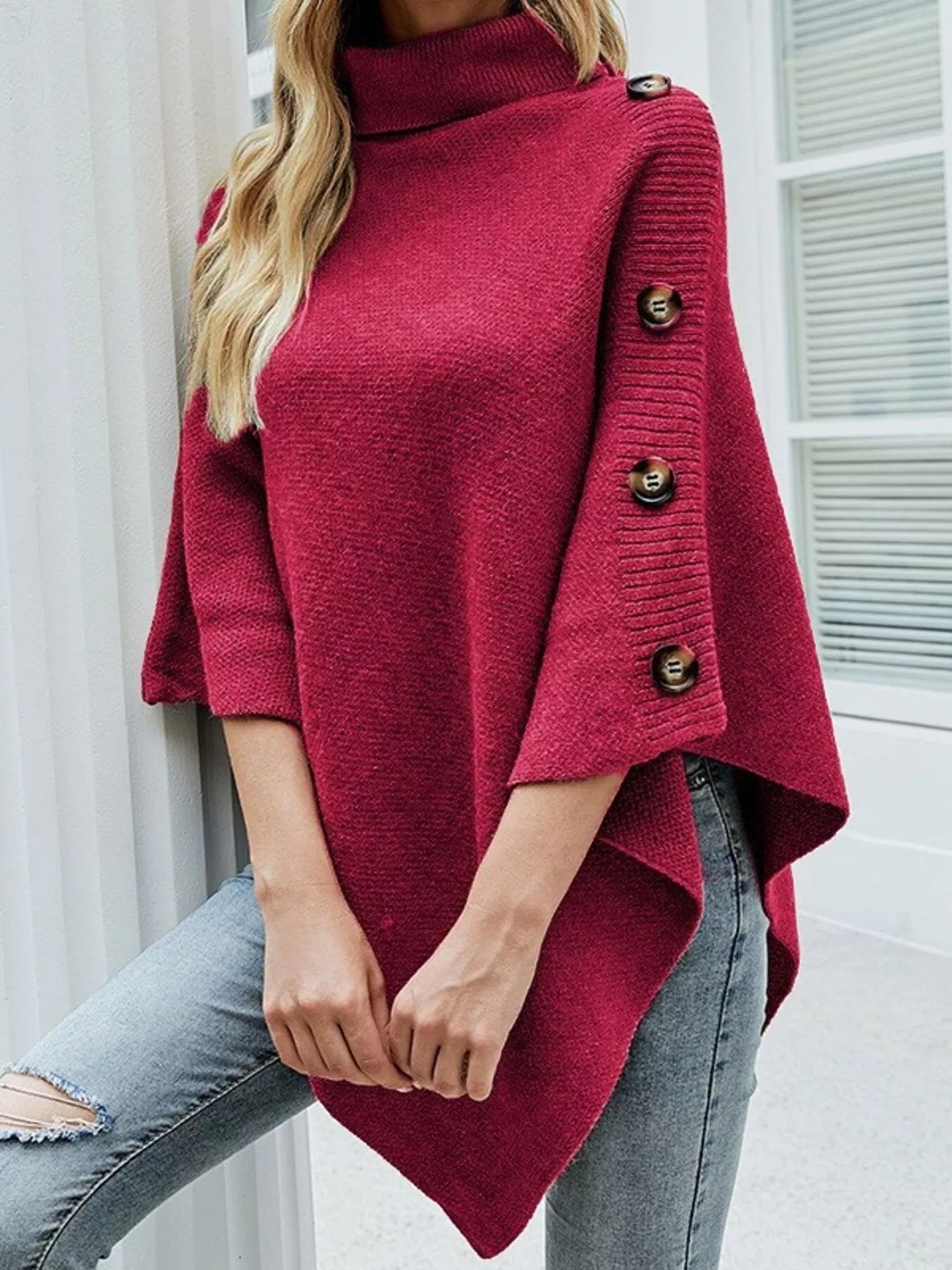 Button - Decor Turtleneck Poncho Pullover - PBNJ FASHIONS