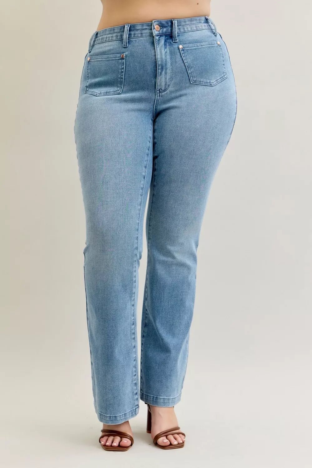 Judy Blue Full Size Mid Rise Bootcut Jeans with Contrast Wash & Front Patch Pockets Plus Size - PBNJ FASHIONS