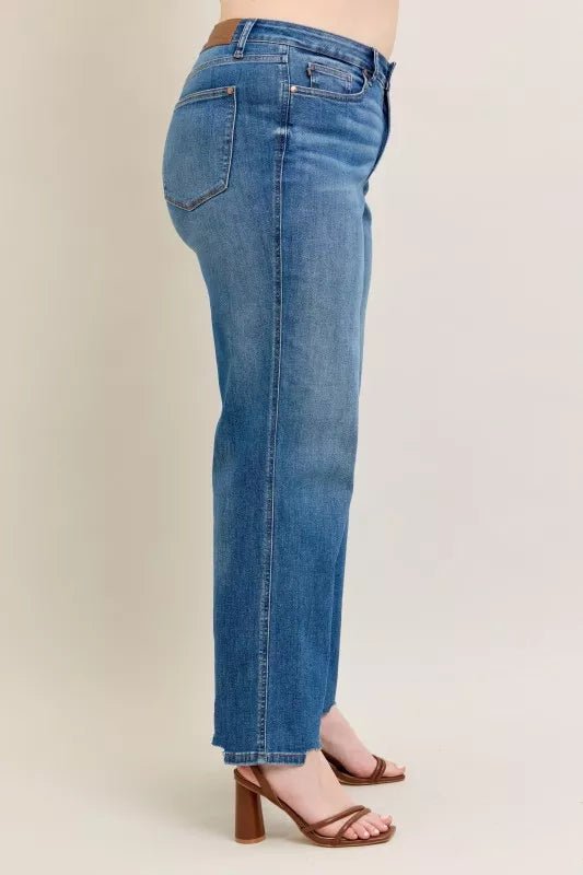 Judy Blue Full Size High Waist Tummy Control Chew Hem Destroy Wide Jeans Plus Size - PBNJ FASHIONS