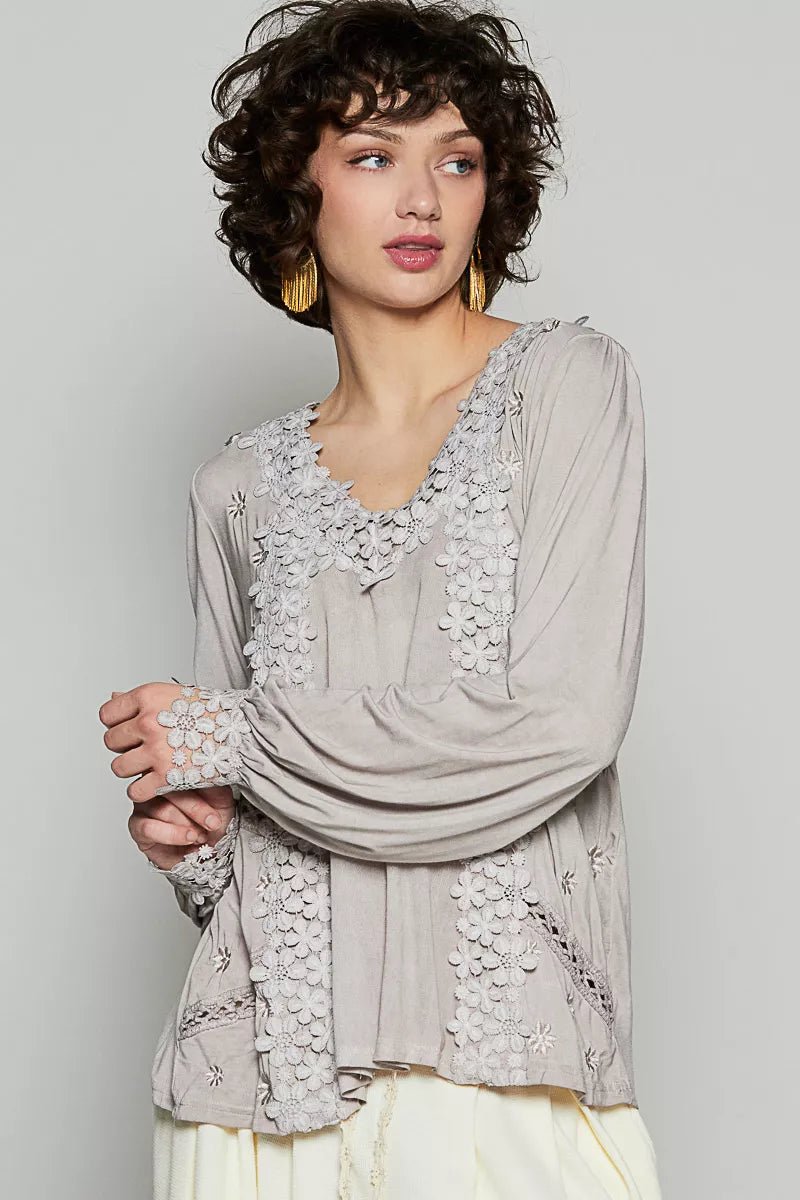 POL Floral Embroidery Woven Top with Lace Trim - PBNJ FASHIONS