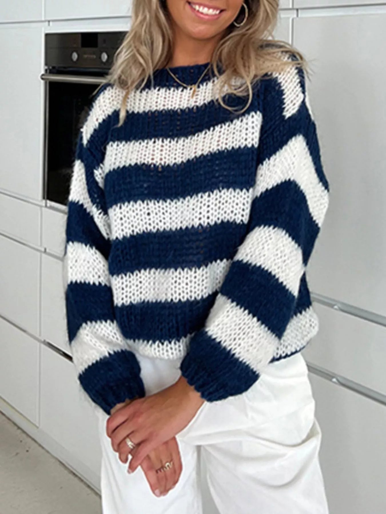 Striped Knit Long Sleeve Sweater - PBNJ FASHIONS