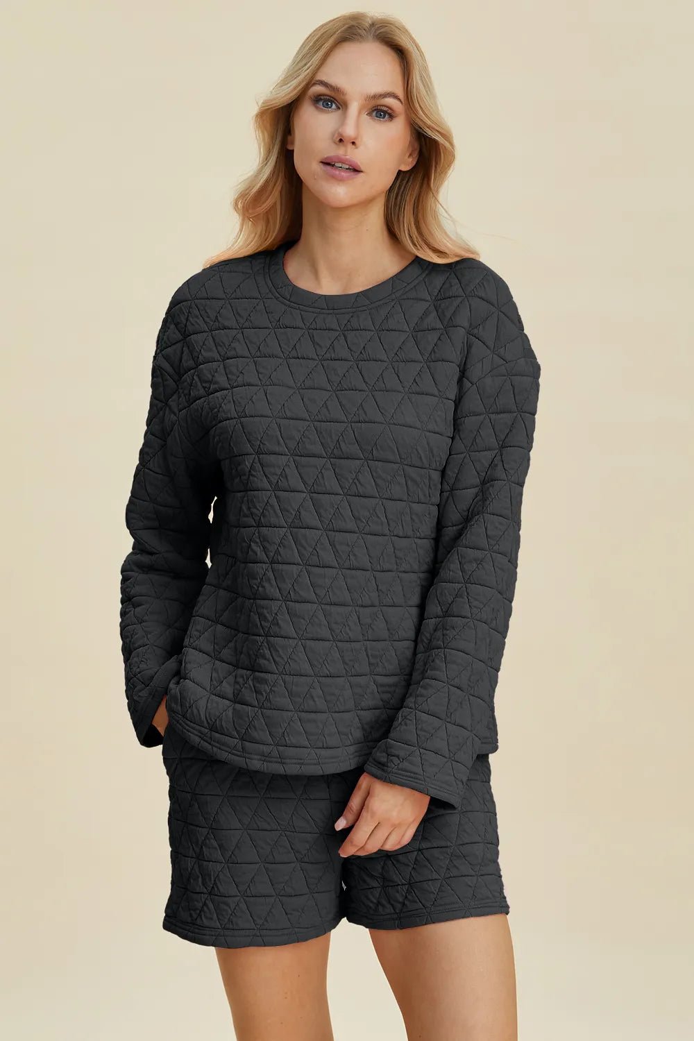 Double Take Full Size Texture Round Neck Long Sleeve Top and Shorts Set - PBNJ FASHIONS