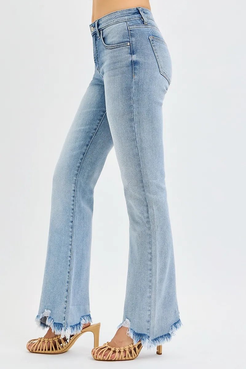 RISEN Full Size Tummy Control Mid Rise Flare Jeans with Fray Hem Detailed Plus Size - PBNJ FASHIONS