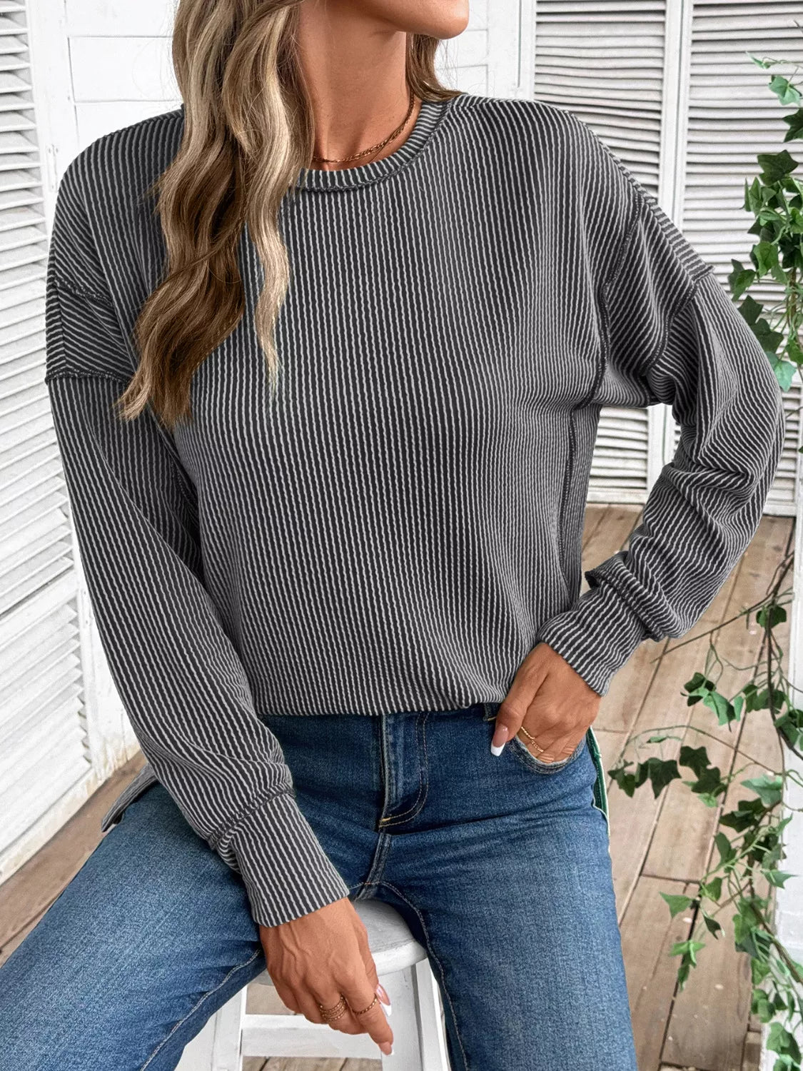 Side Slit Round Neck Sweatshirt - PBNJ FASHIONS